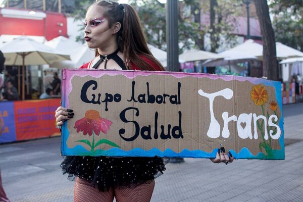 Persona sostiene cartel con mensaje "cupo laboral salud trans" durante performance callejera del Colectivo Sequía, Santiago de Chile.