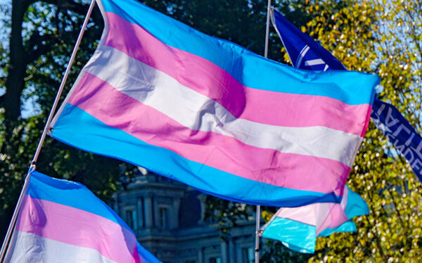 Bandera trans ondeando en un espacio público como símbolo de orgullo y resistencia de las personas trans.